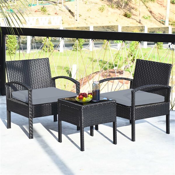 Costway 3-Piece Black PE Rattan Patio Conversation Set w/ Off-White Cushions