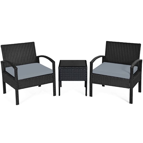 Costway 3-Piece Black PE Rattan Patio Conversation Set w/ Off-White Cushions