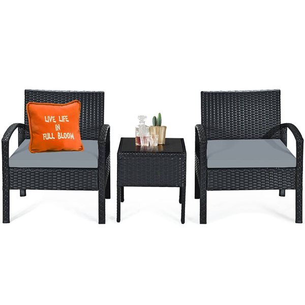 Costway 3-Piece Black PE Rattan Patio Conversation Set w/ Off-White Cushions
