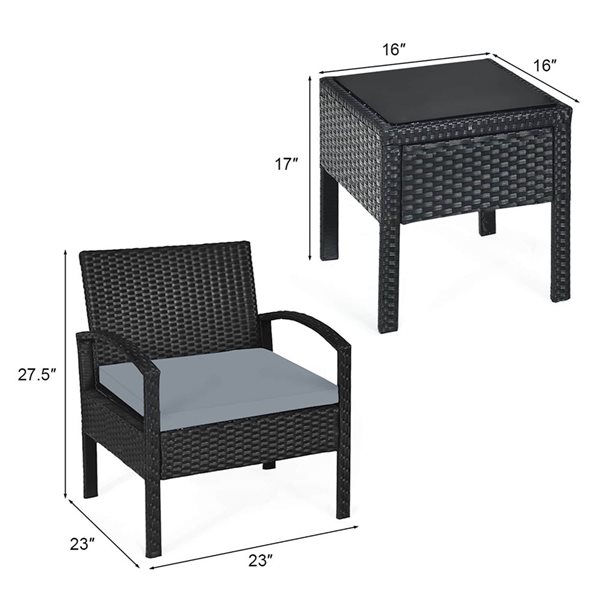 Costway 3-Piece Black PE Rattan Patio Conversation Set w/ Off-White Cushions