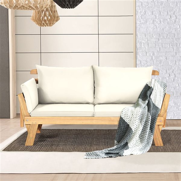 Costway Solid Wood Patio Convertible Sofa Daybed w/ White Cushions
