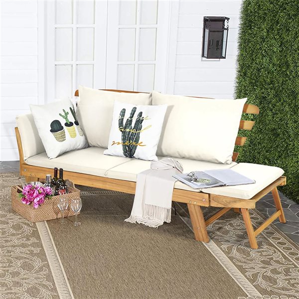 Costway Solid Wood Patio Convertible Sofa Daybed w/ White Cushions