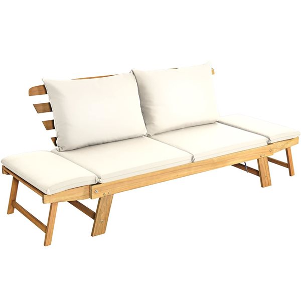 Costway Solid Wood Patio Convertible Sofa Daybed w/ White Cushions