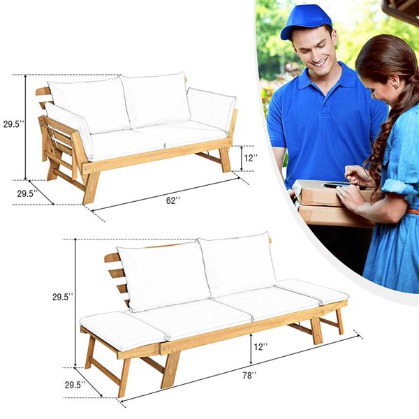 Costway Solid Wood Patio Convertible Sofa Daybed w/ White Cushions