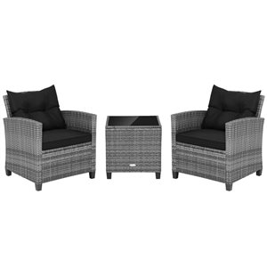 Costway 3-Piece Grey PE Rattan Patio Conversation Set w/ Black Cushions and Tempered Glass Side Table