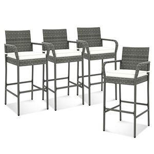 Costway 4-Piece Grey PE Wicker Outdoor Counter Height Barstools w/ Armrests and Off-White Cushions