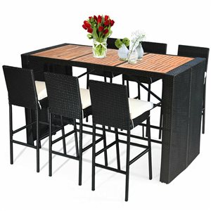 Costway 7-Piece Black PE Rattan Wicker Outdoor Bar Height Dining Set w/ Acacia Wood Tabletop