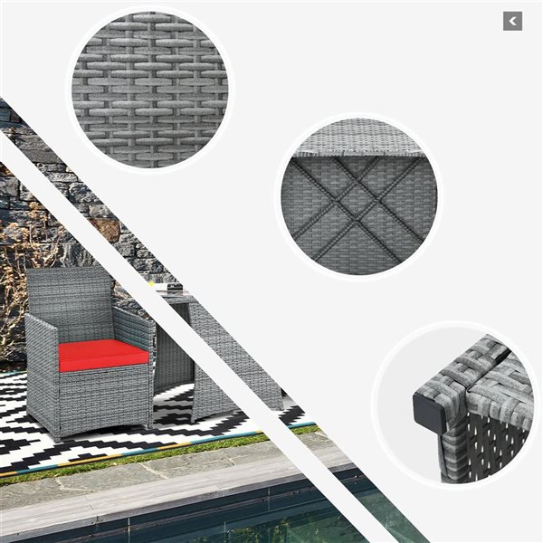 Costway 3-Piece Grey PE Rattan Patio Conversation Set - Red