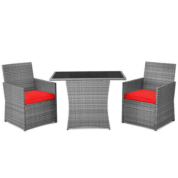 Costway 3-Piece Grey PE Rattan Patio Conversation Set - Red