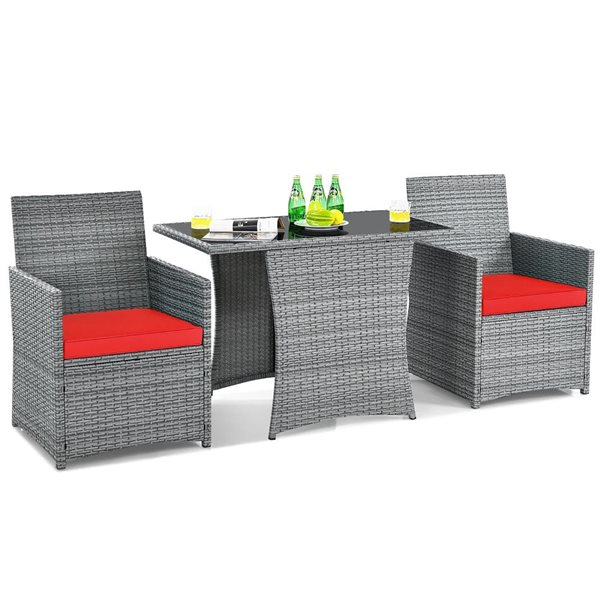 Costway 3-Piece Grey PE Rattan Patio Conversation Set - Red