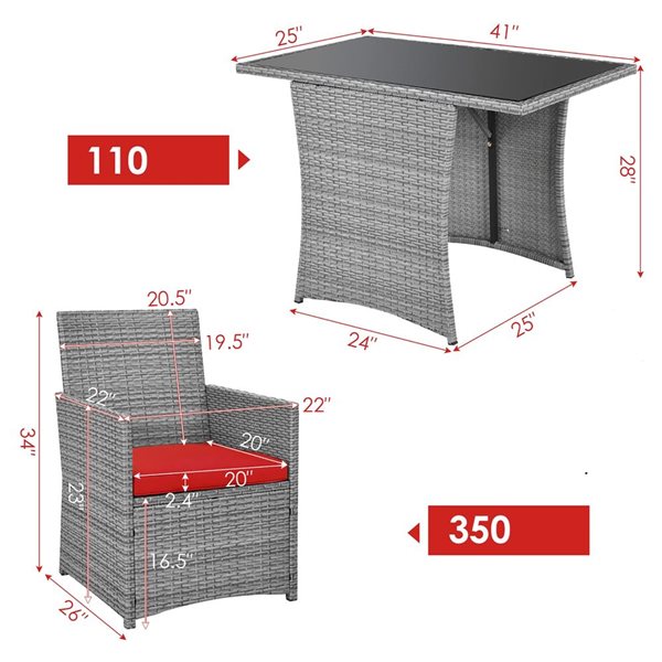 Costway 3-Piece Grey PE Rattan Patio Conversation Set - Red