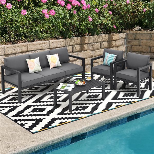 Costway 4-Piece Black Metal Outdoor Sectional Sofa/Armchairs and Coffee Table Set w/ Grey Cushions