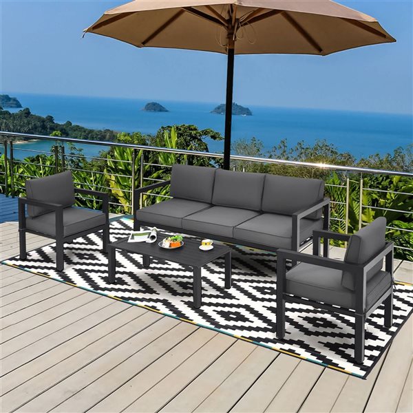 Costway 4-Piece Black Metal Outdoor Sectional Sofa/Armchairs and Coffee Table Set w/ Grey Cushions