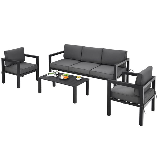 Costway 4-Piece Black Metal Outdoor Sectional Sofa/Armchairs and Coffee Table Set w/ Grey Cushions