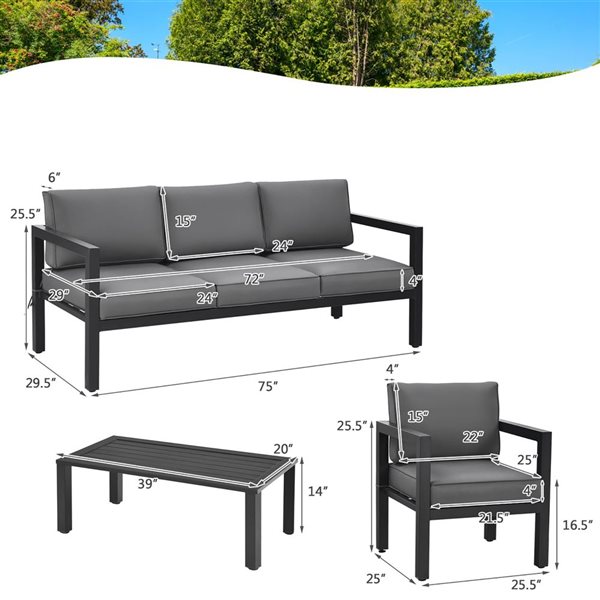 Costway 4-Piece Black Metal Outdoor Sectional Sofa/Armchairs and Coffee Table Set w/ Grey Cushions