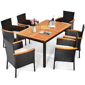 Costway 7-Piece Brown PE Rattan Patio Dining Set w/ Wooden Tabletop