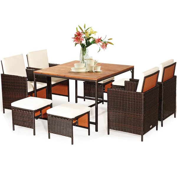 Costway 9-Piece Brown PE Wicker Outdoor Dining Set w/ Wood Tabletop and White Cushions