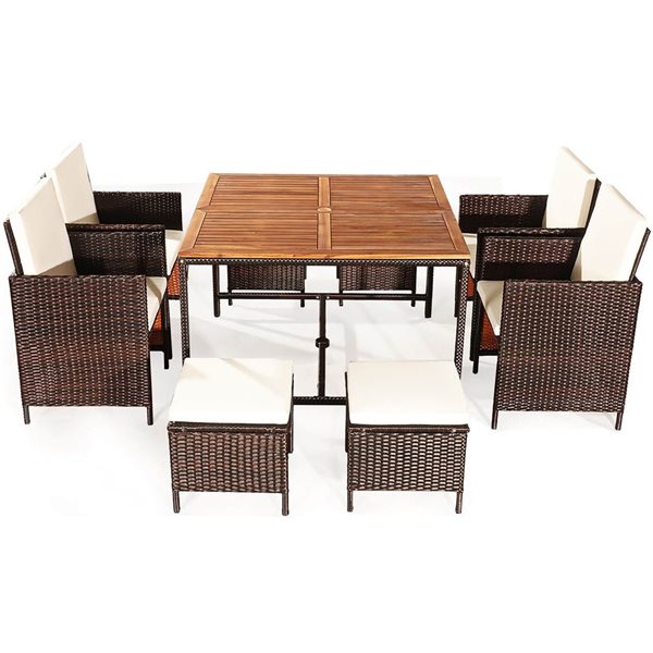 Costway 9-Piece Brown PE Wicker Outdoor Dining Set w/ Wood Tabletop and White Cushions