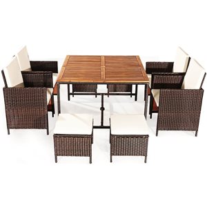 Costway 9-Piece Brown PE Wicker Outdoor Dining Set w/ Wood Tabletop and White Cushions
