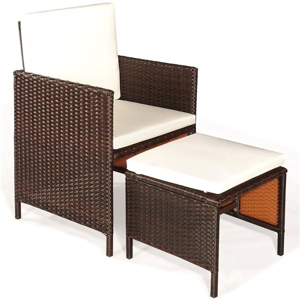 Costway 9-Piece Brown PE Wicker Outdoor Dining Set w/ Wood Tabletop and White Cushions