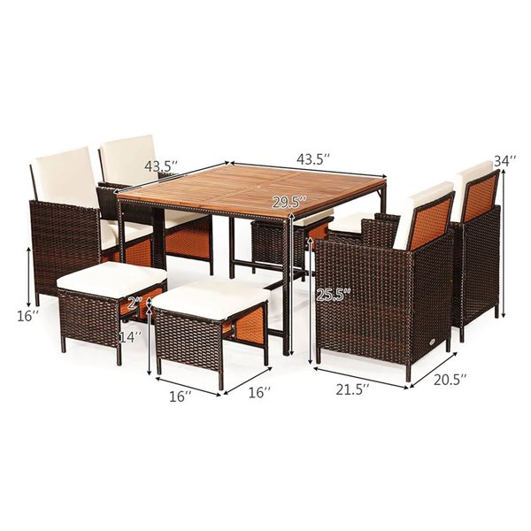 Costway 9-Piece Brown PE Wicker Outdoor Dining Set w/ Wood Tabletop and White Cushions