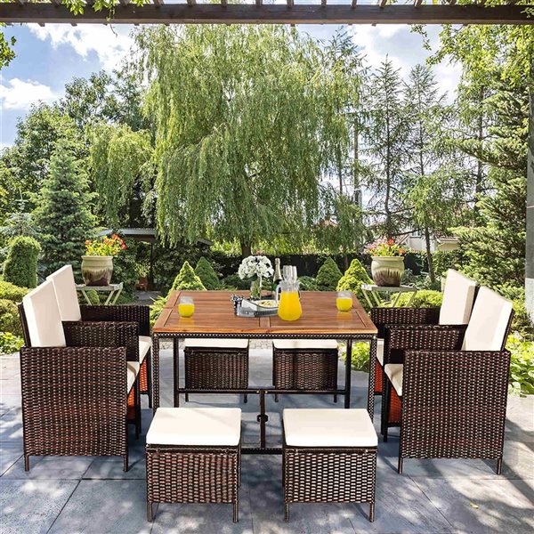 Costway 9-Piece Brown PE Wicker Outdoor Dining Set w/ Wood Tabletop and White Cushions