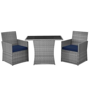 Costway 3-Piece Grey PE Rattan Patio Conversation Set - Navy