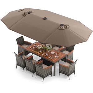 Costway 11-Piece Patio Dining Set w/15-ft Double-Sided Patio Umbrella and 8 Armchairs - Grey/Brown/Beige