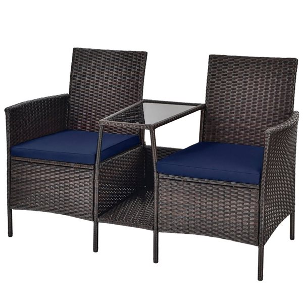 Costway Brown PE Rattan Wicker Patio Loveseat and Table Conversation Set - Navy
