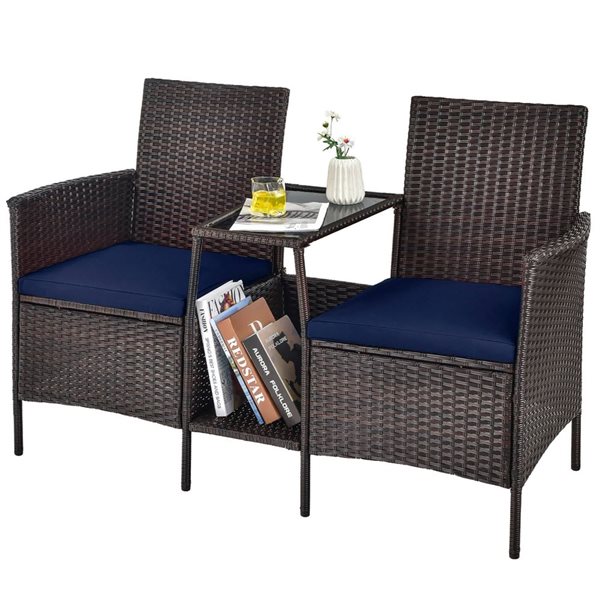 Costway Brown PE Rattan Wicker Patio Loveseat and Table Conversation Set - Navy