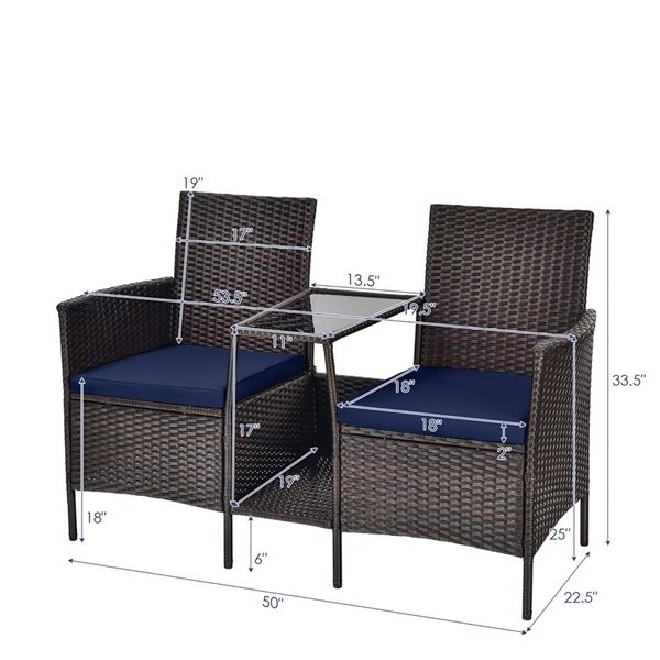 Costway Brown PE Rattan Wicker Patio Loveseat and Table Conversation Set - Navy