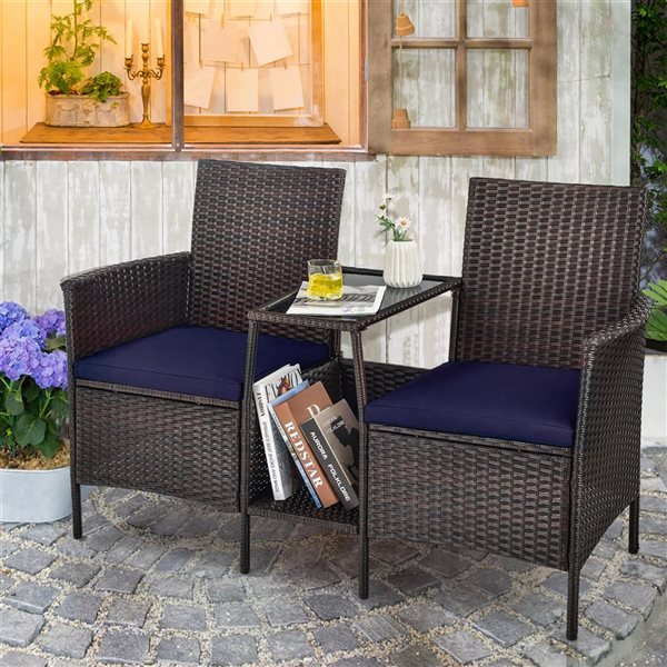 Costway Brown PE Rattan Wicker Patio Loveseat and Table Conversation Set - Navy