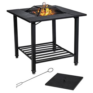 Costway 31-in Black Steel Outdoor Square Firewood Fire Pit w/ Cooking BBQ Grate