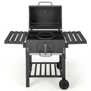Costway Black Steel/PP Outdoor Charcoal BBQ Grill w/ 2 Foldable Side Table and Wheels - 391-ft² Cooking Area