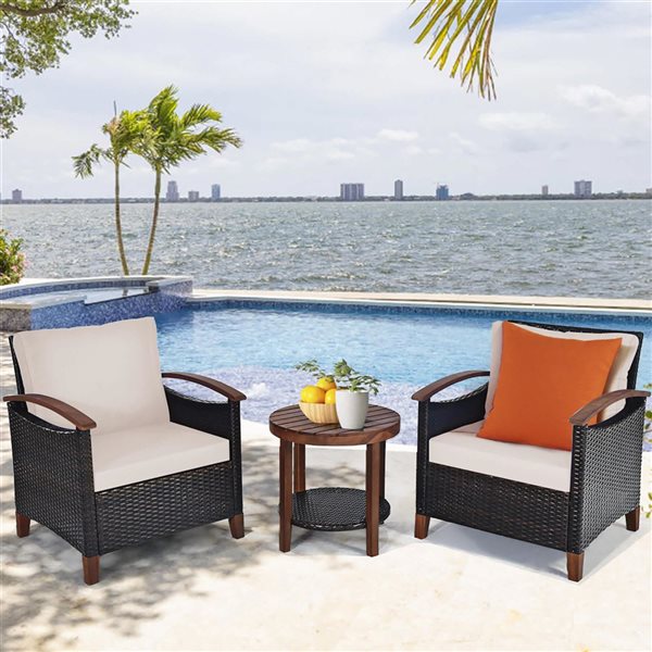 Costway 3-Piece Solid Wood Frame/Rattan Patio Conversation Set w/ 2-Tier Round Table and Beige Cushions