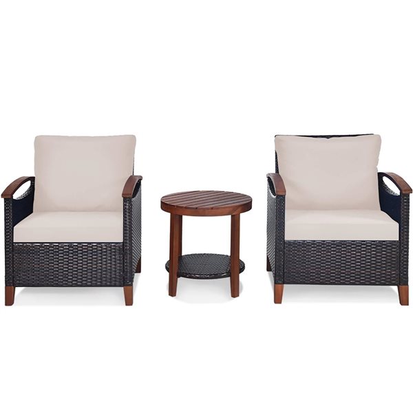 Costway 3-Piece Solid Wood Frame/Rattan Patio Conversation Set w/ 2-Tier Round Table and Beige Cushions