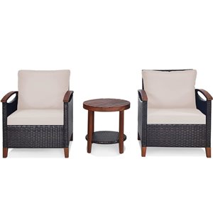 Costway 3-Piece Solid Wood Frame/Rattan Patio Conversation Set w/ 2-Tier Round Table and Beige Cushions