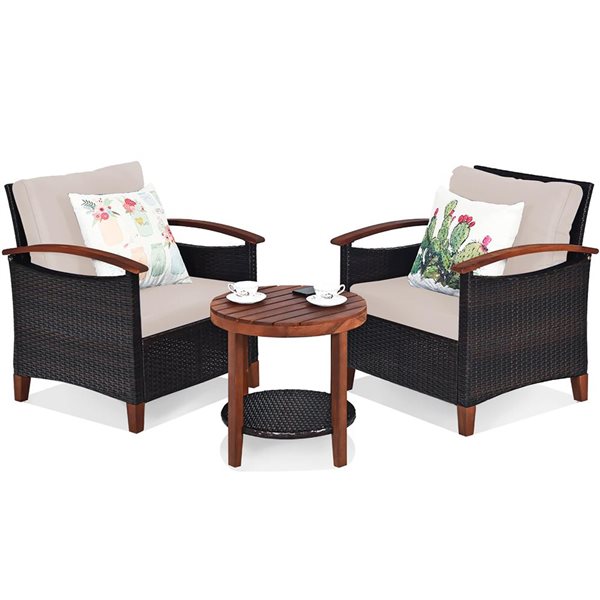 Costway 3-Piece Solid Wood Frame/Rattan Patio Conversation Set w/ 2-Tier Round Table and Beige Cushions