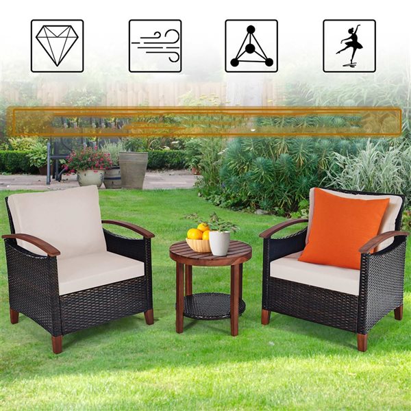 Costway 3-Piece Solid Wood Frame/Rattan Patio Conversation Set w/ 2-Tier Round Table and Beige Cushions