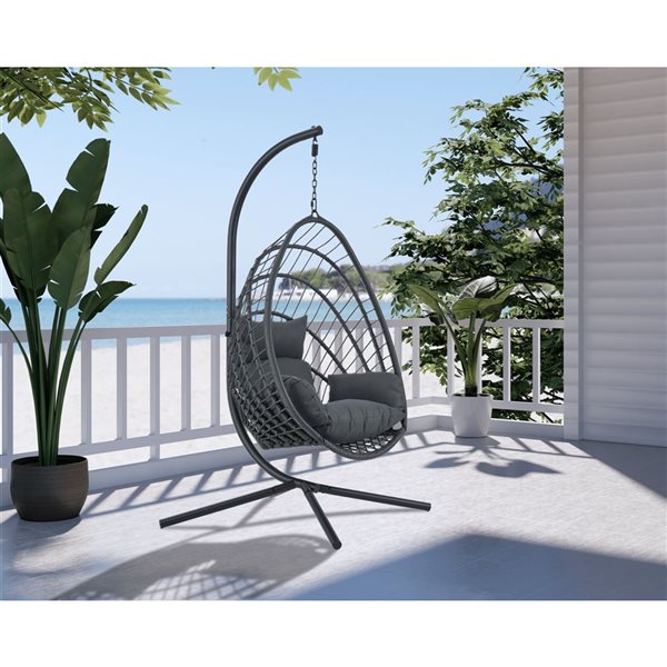 Kingman Grey Woven Outdoor/Indoor Foldable Single Swing Egg Chair w/ Stand