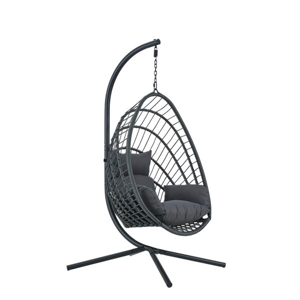 Kingman Grey Woven Outdoor/Indoor Foldable Single Swing Egg Chair w/ Stand