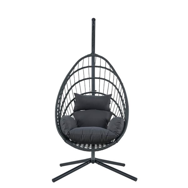 Kingman Grey Woven Outdoor/Indoor Foldable Single Swing Egg Chair w/ Stand
