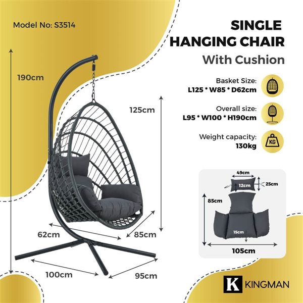 Kingman Grey Woven Outdoor/Indoor Foldable Single Swing Egg Chair w/ Stand