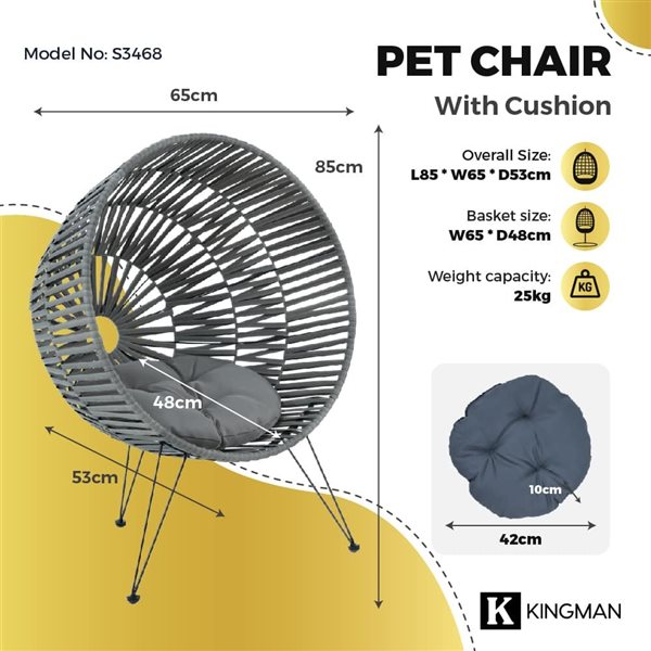 Kingman Grey Polyester Oval Handcrafted 33-in L Pet Chair w/ Cushion for Small Pets