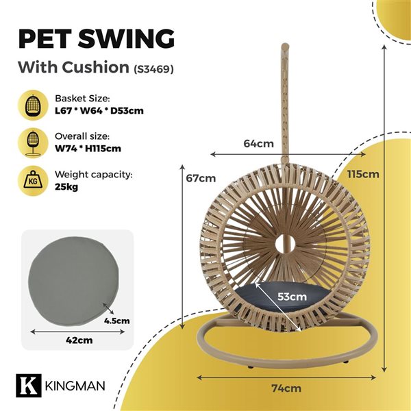 Kingman Yellow Polyester Oval Handcrafted Pet Swing Hut w/ Cushion for Small Pets