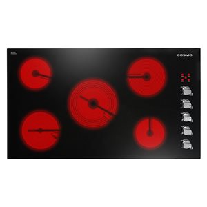 Surface de cuisson électrique lisse en vitrocéramique Cosmo noire de 36 po avec 5 éléments et boutons de commande
