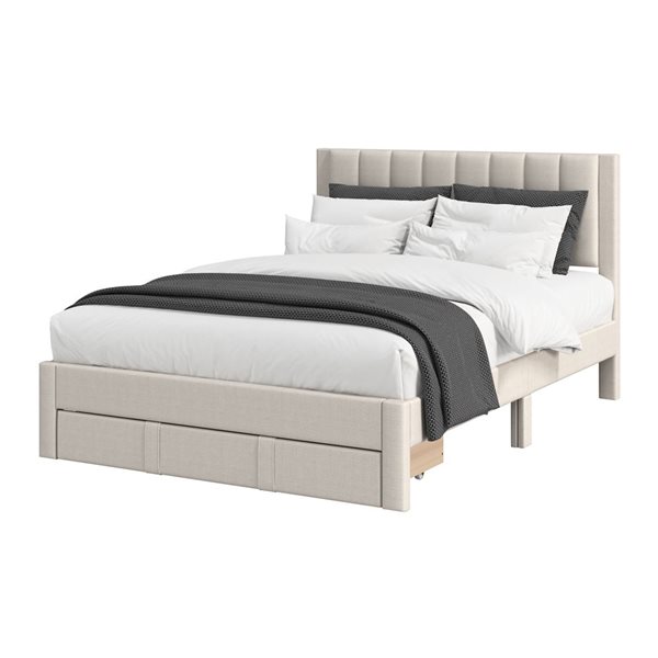 CorLiving Metro Beige Channel Tufted Upholstered Storage Platform Double Bed