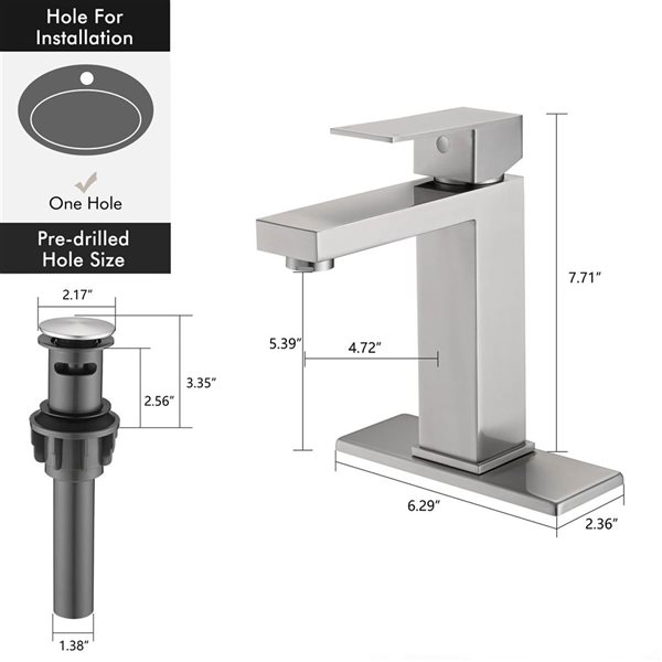 Dornberg Brushed Nickel Single Handle Deck-Mount Single Hole Bathroom Faucet w/ Deckplate and Drain Assembly