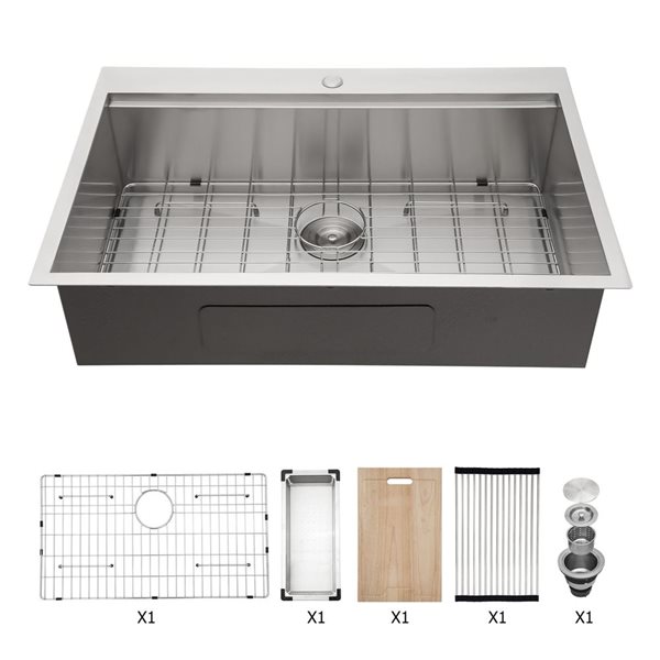 RAINLEX Drop-in 33 L x 22-in W Modern Brushed Nickel Single Bowl Stainless Steel Kitchen Sink w/ Workstation