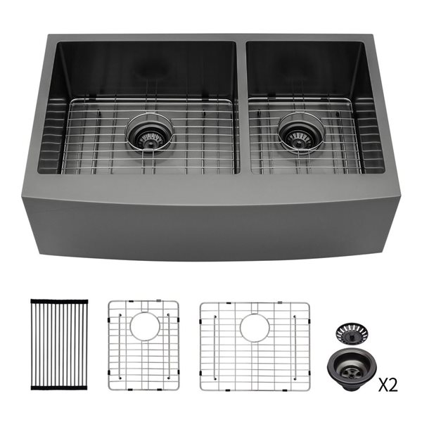 RAINLEX Farmhouse Apron 36 L x 21-in W Black Double Offset Bowl Stainless Steel Kitchen Sink
